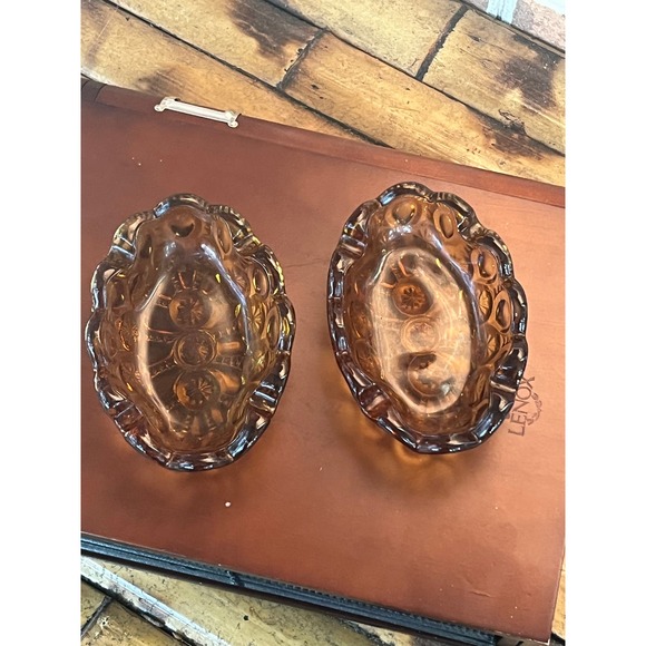 Pair of L E Smith Amber Oval Ashtrays Soap Dish Moon and Stars - Picture 6 of 8